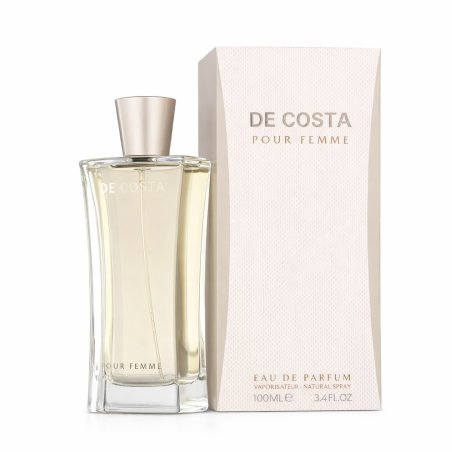 Fragrance World De Costa EDP 100 ml — товар и упаковка; полная композиция; на белом фоне; самый широкий кадр