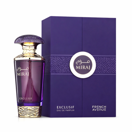 Fragrance World Miraj Exclusif EDP 100 ml — productverpakking; close-up; op een witte achtergrond; meest nabije kadrering