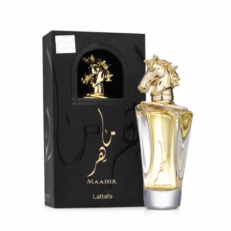 Lattafa Perfume MAAHIR EDP 100 ml — toote pakend; lähivaade; valgel taustal