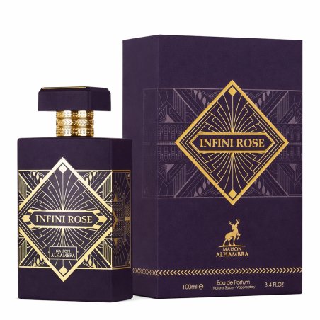 Lattafa Perfume INFINI ROSE EDP 100 ml — embalaje del producto; primerísimo plano; sobre fondo blanco; encuadre más abierto