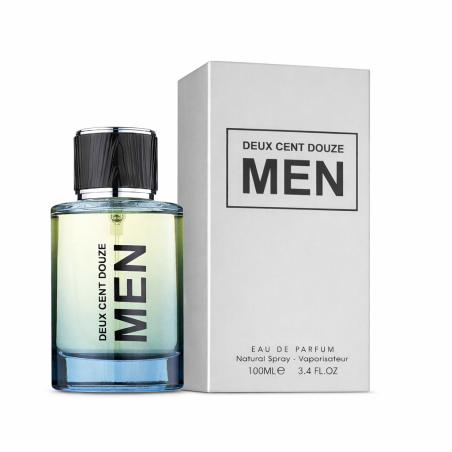 Fragrance World Deux Cent Douze MEN EDP 100 ml — товар и упаковка; полная композиция; на белом фоне; самый близкий кадр