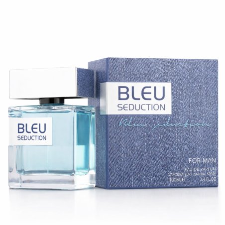 Fragrance World Bleu Seduction EDP 100 ml — toote pakend; lähivaade; valgel taustal; lähim kadreering