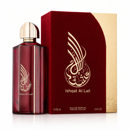 Fragrance World Ishqat Al Lail Athoor Al Alam EDP 100 ml — toode ja pakend; väga lähivõte; valgel taustal