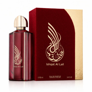 Fragrance World Ishqat Al Lail Athoor Al Alam EDP 100 ml — toode ja pakend; väga lähivõte; valgel taustal