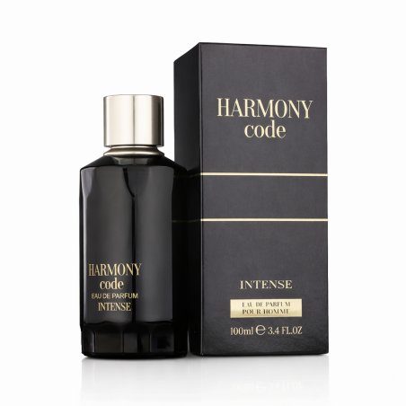 Fragrance World Harmony Code Intense EDP 100 ml — προϊόν και συσκευασία; κοντινή λήψη; σε λευκό φόντο; ευρύτερο κάδρο