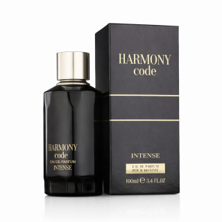 Fragrance World Harmony Code Intense EDP 100 ml — προϊόν και συσκευασία; κοντινή λήψη; σε λευκό φόντο; ευρύτερο κάδρο