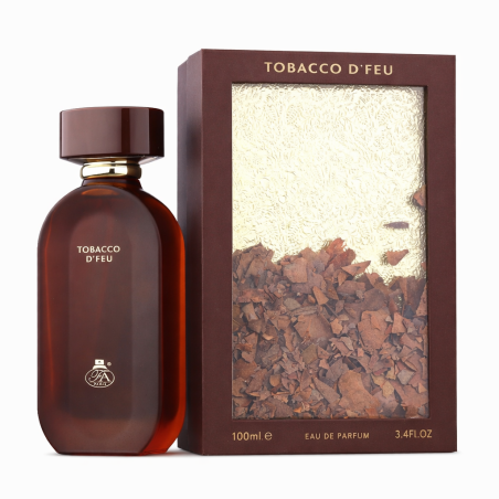 Fragrance World Tobacco D’feu EDP 100 ml — toode ja pakend; lähivaade; valgel taustal