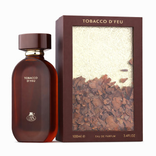 Fragrance World Tobacco D’feu EDP 100 ml — toode ja pakend; lähivaade; valgel taustal