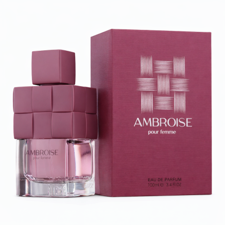 Fragrance World Ambroise Pour Femme EDP 100 ml — product en verpakking; zeer nabije close-up; op een witte achtergrond