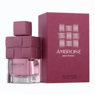 Fragrance World Ambroise Pour Femme EDP 100 ml — product en verpakking; zeer nabije close-up; op een witte achtergrond