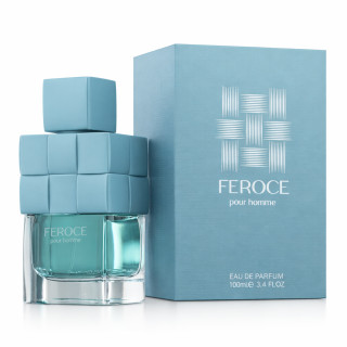 Fragrance World Feroce Pour Homme EDP 100 ml — produkta iepakojums; ļoti tuvs plāns; uz balta fona