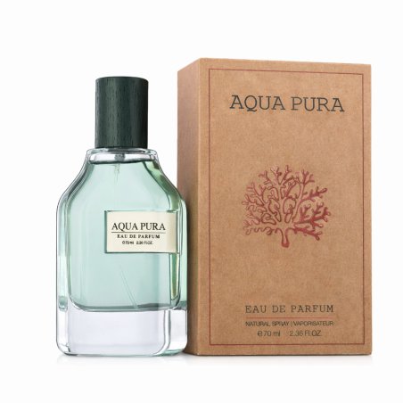 Fragrance World Aqua Pura EDP 70 ml — product en verpakking; close-up; op een witte achtergrond; meest nabije kadrering