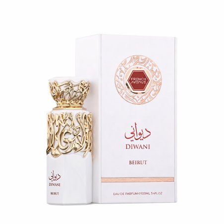 Fragrance World Diwani Beirut EDP 100 ml — produkto pakuotė; visa kompozicija; baltame fone