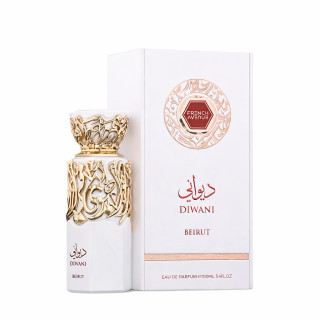 Fragrance World Diwani Beirut EDP 100 ml — produkto pakuotė; visa kompozicija; baltame fone