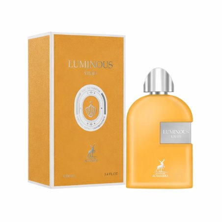 Lattafa Perfume Luminous Vivid Maison EDP 100 ml — товар и упаковка; крупный план; на белом фоне