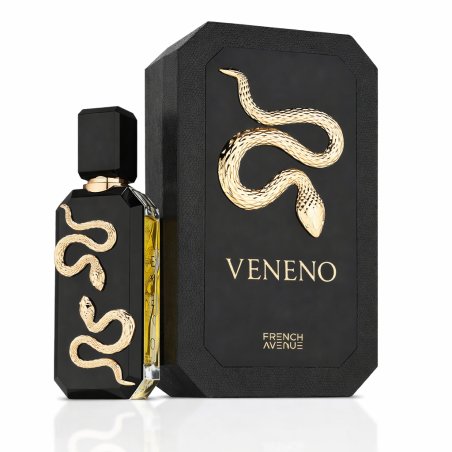 Fragrance World Veneno EDP 100 ml — опаковка на продукта; близък план; на бял фон
