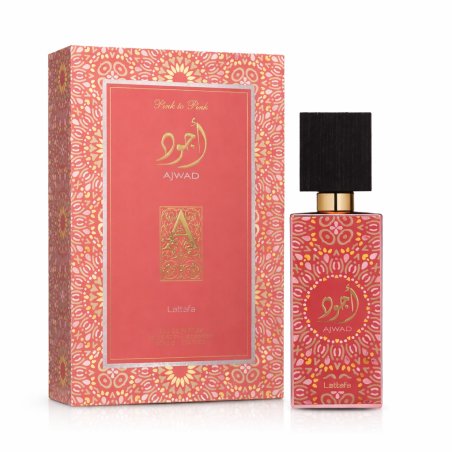 Lattafa Perfume Ajwad Pink To Pink EDP 60 ml — produktas ir pakuotė; artimas vaizdas; baltame fone; artimiausias kadras