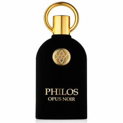 Lattafa Perfume PHILOS OPUS NOIR EDP 100 ml — товар спереди; крупный план; на белом фоне