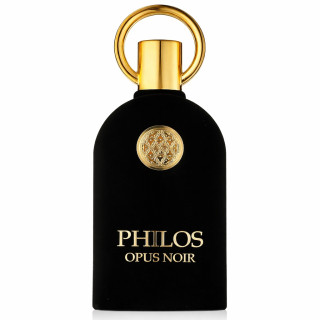 Lattafa Perfume PHILOS OPUS NOIR EDP 100 ml — товар спереди; крупный план; на белом фоне