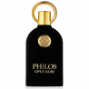 Lattafa Perfume PHILOS OPUS NOIR EDP 100 ml — товар спереди; крупный план; на белом фоне