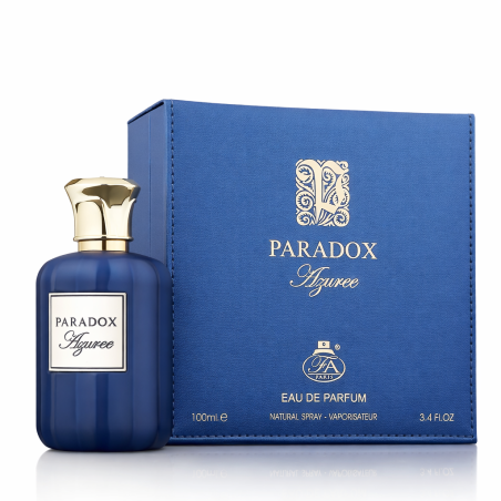 Fragrance World Paradox Azuree EDP 100 ml — produkt og emballasje; svært tett nærbilde; på hvit bakgrunn