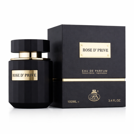 Fragrance World Rose D'Prive EDP 100 ml — опаковка на продукта; близък план; на бял фон
