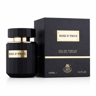 Fragrance World Rose D'Prive EDP 100 ml — опаковка на продукта; близък план; на бял фон