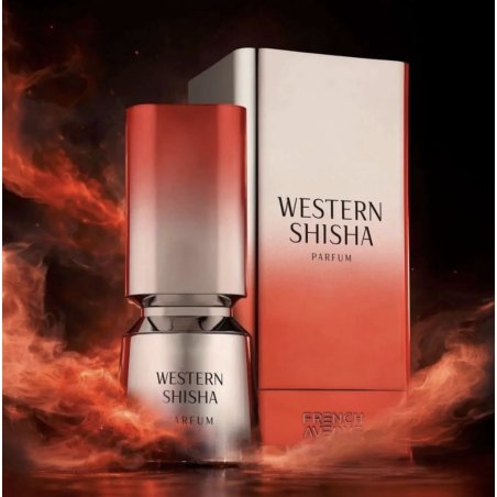 Fragrance World Western Shisha EDP 100 ml — товар и упаковка; очень крупный план; на тёмном фоне