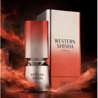 Fragrance World Western Shisha EDP 100 ml — товар и упаковка; очень крупный план; на тёмном фоне