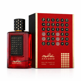 Fragrance World Anaqeed Rouge EDP 100 ml — produkto pakuotė; artimas vaizdas; baltame fone