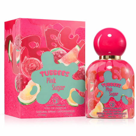 Grandeur Tubbees Pink Sugar EDP 50 ml — товар и упаковка; очень крупный план; на белом фоне; самый широкий кадр