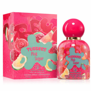 Grandeur Tubbees Pink Sugar EDP 50 ml — товар и упаковка; очень крупный план; на белом фоне; самый широкий кадр