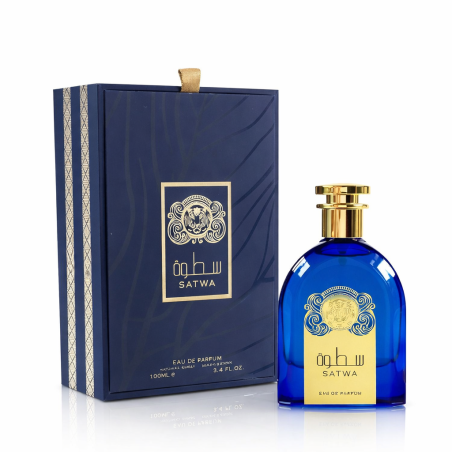 Lattafa Perfume Satwa EDP 100 ml — produkt a balení; detail; na bílém pozadí; nejširší záběr