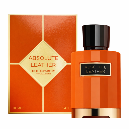 Fragrance World Absolute Leather EDP 100 ml — изображение товара; очень крупный план; на белом фоне; самый близкий кадр