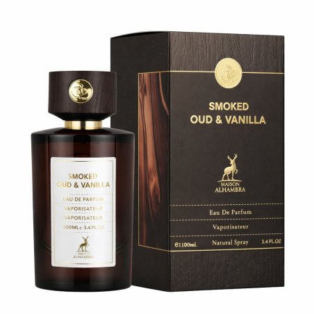 Lattafa Perfume Smoked Oud & Vanilla Maison EDP 100 ml — toode ja pakend; väga lähivõte; valgel taustal; kõige laiem kadreering