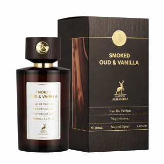 Lattafa Perfume Smoked Oud & Vanilla Maison EDP 100 ml — toode ja pakend; väga lähivõte; valgel taustal; kõige laiem kadreering