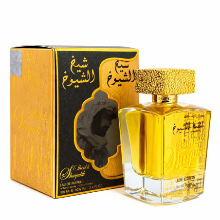 Sheikh Al Shuyukh Luxe edition EDP 100 ml — produit et emballage; très gros plan; sur fond blanc; cadrage le plus large