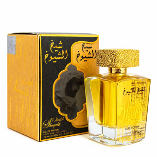 Sheikh Al Shuyukh Luxe edition EDP 100 ml — produit et emballage; très gros plan; sur fond blanc; cadrage le plus large