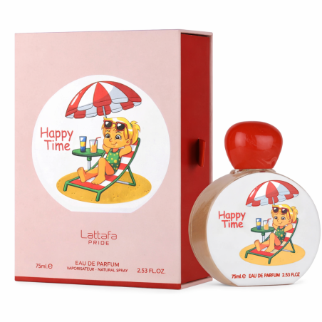 Lattafa Perfume Pride Happy Time EDP 75 ml — товар и упаковка; крупный план; на белом фоне
