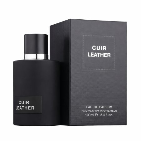 Fragrance World Cuir Leather EDP 100 ml — produkt a balení; velmi detailní záběr; na bílém pozadí