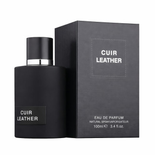 Fragrance World Cuir Leather EDP 100 ml — produkt a balení; velmi detailní záběr; na bílém pozadí