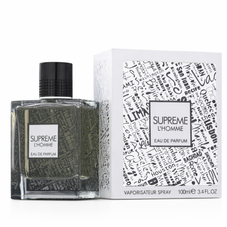 Fragrance World Supreme L'Homme 100 ml — vista del producto; primer plano; sobre fondo blanco