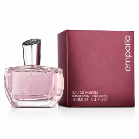 Fragrance World Emporia EDP 100 ml — produto e embalagem; grande plano; sobre fundo branco; enquadramento próximo