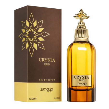 Zimaya Crysta Oud EDP 100 ml — товар и упаковка; очень крупный план; на белом фоне; самый широкий кадр