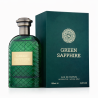 Fragrance World Green Sapphire EDP 100 ml — продукт и опаковка; много близък план; на бял фон