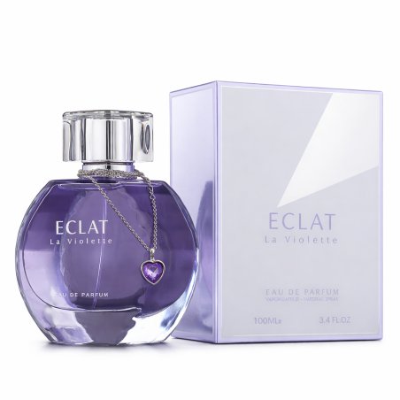 Fragrance World Eclat La Violette EDP 100 ml — toode ja pakend; lähivaade; valgel taustal