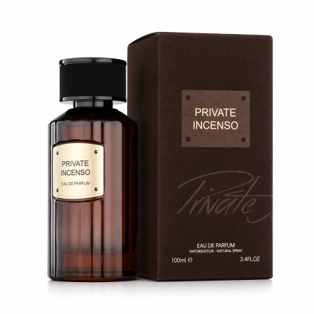 Fragrance World Private Incenso EDP 100 ml — Produkt und Verpackung; Nahaufnahme; auf weißem Hintergrund; engster Bildausschnitt