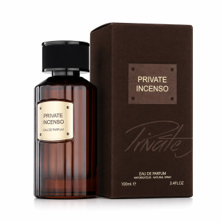 Fragrance World Private Incenso EDP 100 ml — Produkt und Verpackung; Nahaufnahme; auf weißem Hintergrund; engster Bildausschnitt
