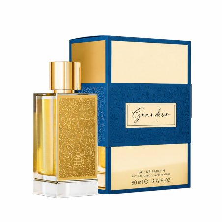 Fragrance World Grandeur EDP 100 ml — produktas ir pakuotė; visa kompozicija; baltame fone