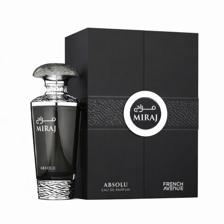 Fragrance World Miraj Absolu EDP 100 ml — product en verpakking; close-up; op een witte achtergrond; meest nabije kadrering